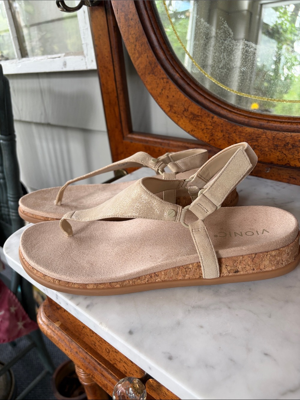 NWOT Vionic Sandals in Beige with Cork-Trim Footbed